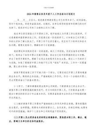 2024年销售业务员年度个人工作总结与计划范文