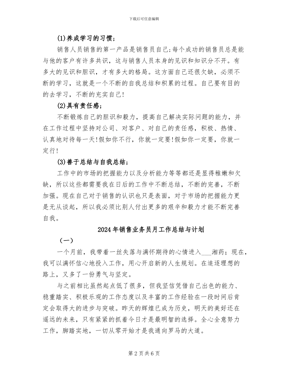 2024年销售业务员月工作总结_第2页