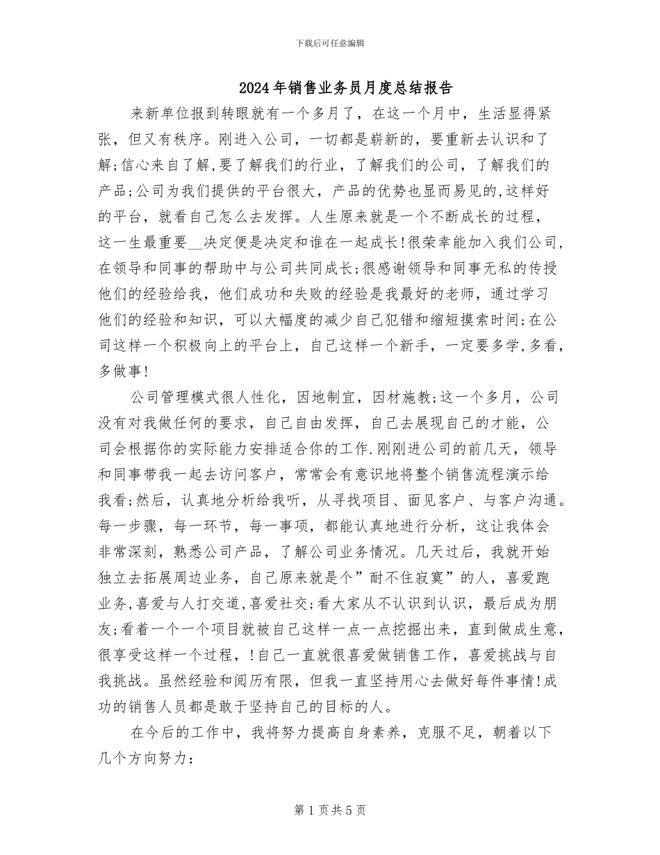 2024年销售业务员月度总结报告_第1页