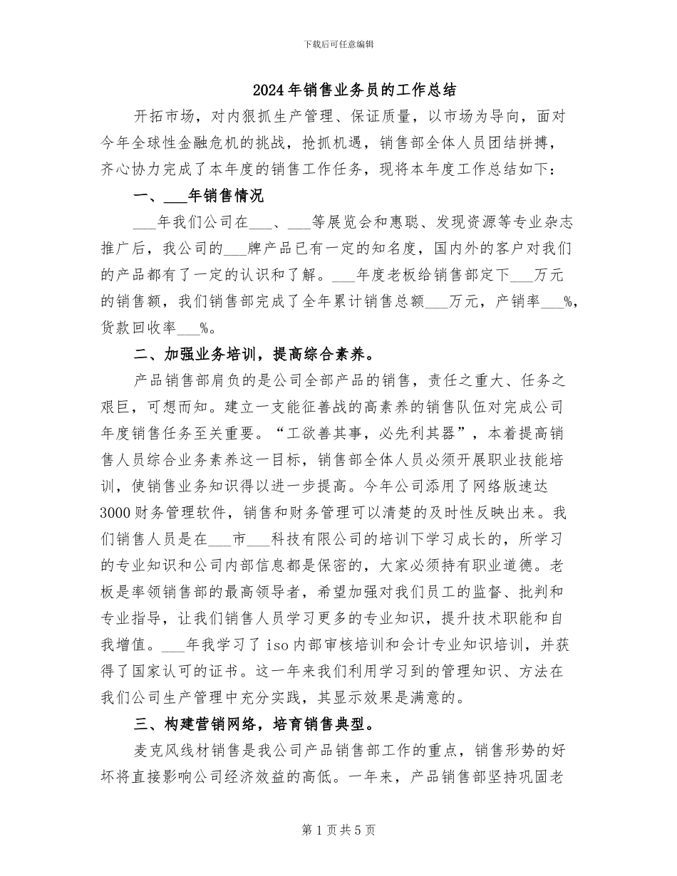 2024年销售业务员的工作总结_第1页