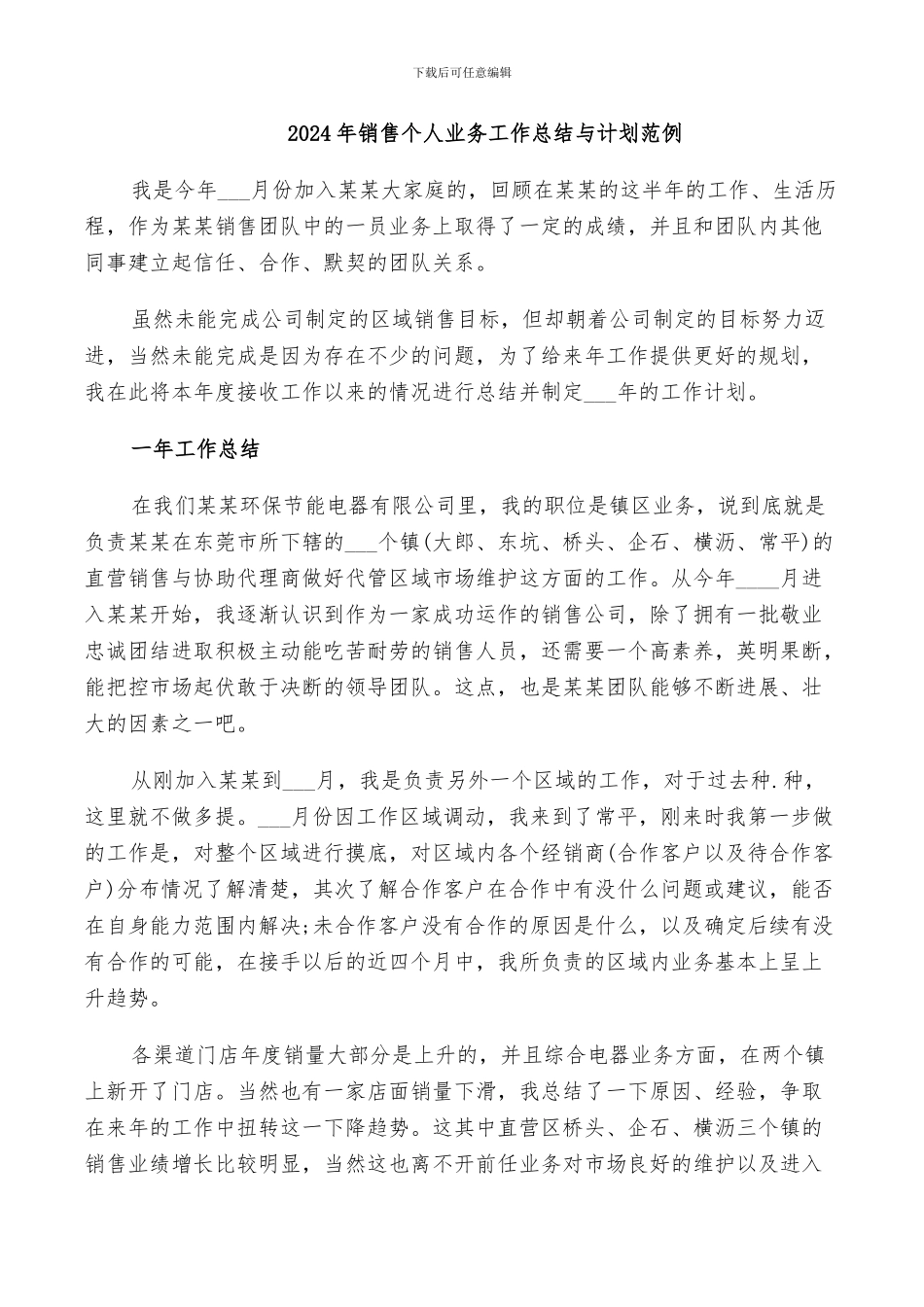 2024年销售个人业务工作总结与计划范例_第1页