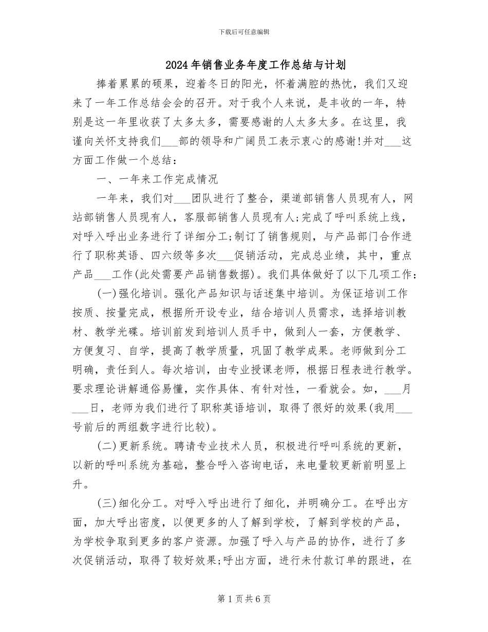 2024年销售业务年度工作总结与计划_第1页