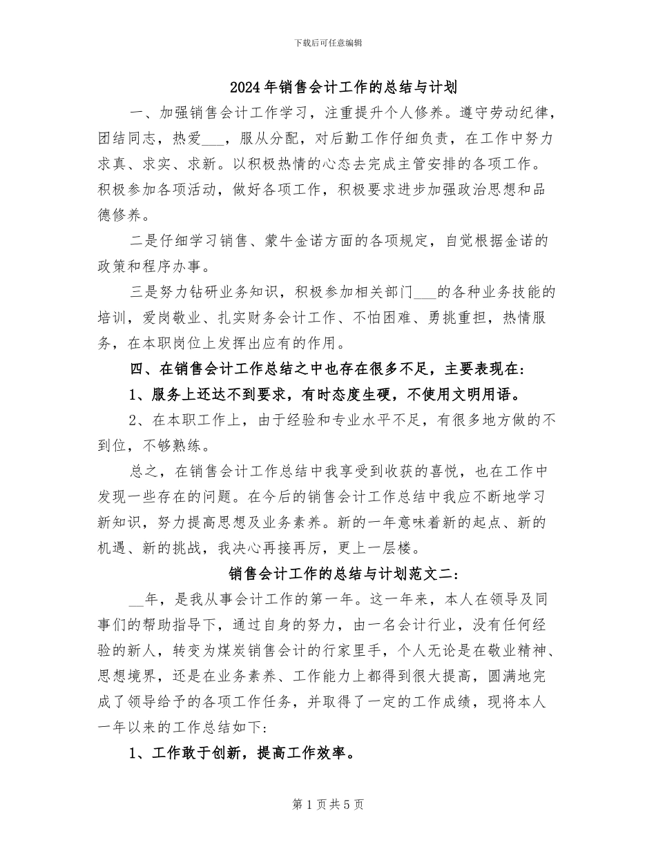 2024年销售会计工作的总结与计划_第1页