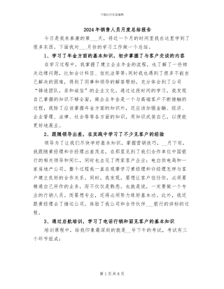 2024年销售人员月度总结报告