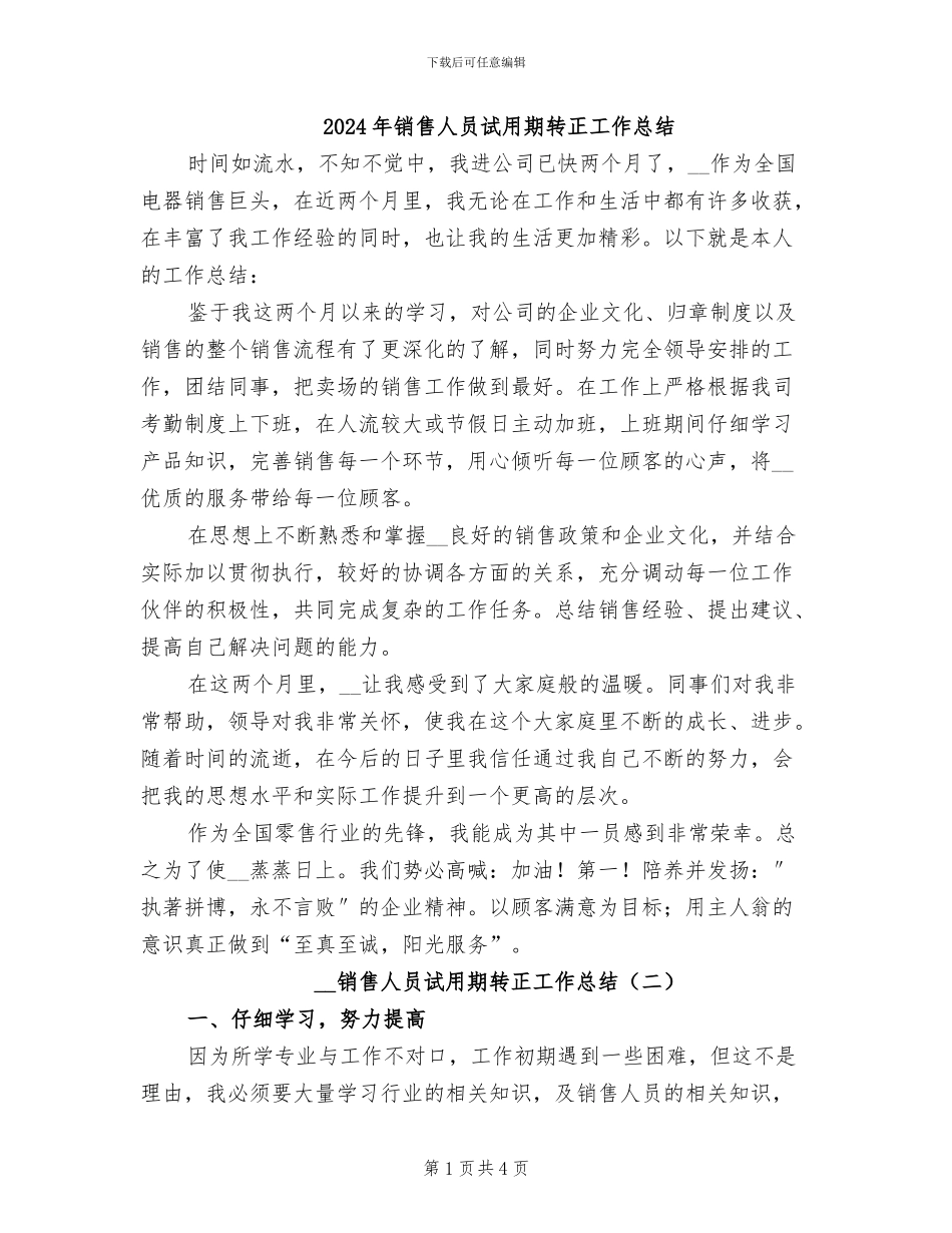 2024年销售人员试用期转正工作总结_第1页