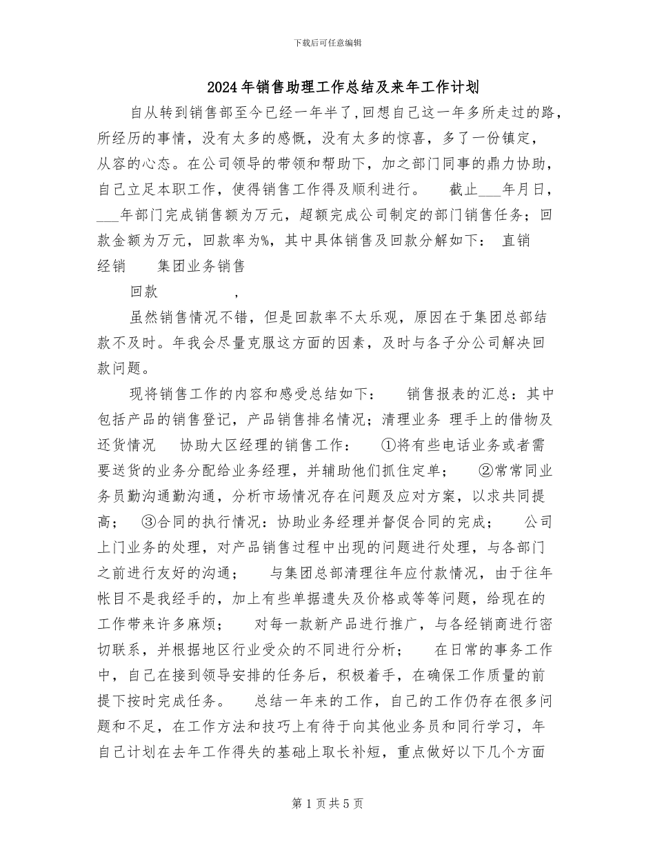 2024年销售助理工作总结及来年工作计划_第1页