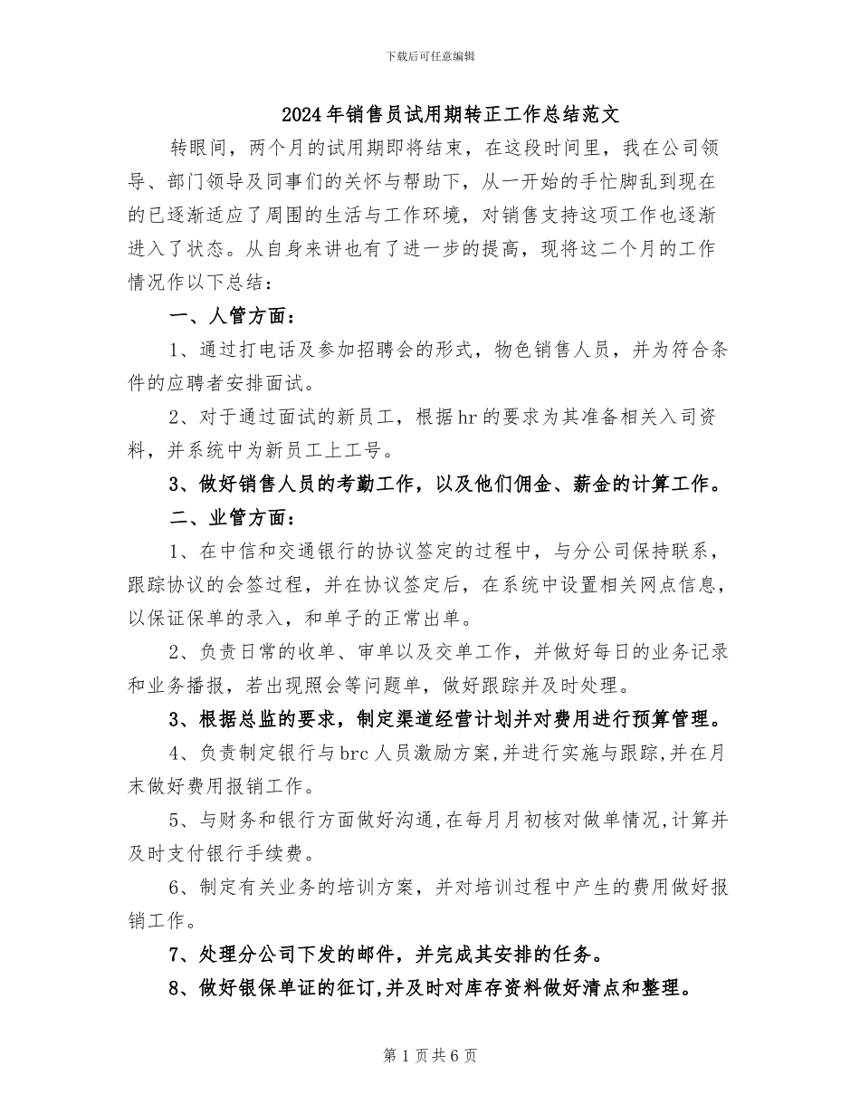 2024年销售员试用期转正工作总结范文_第1页