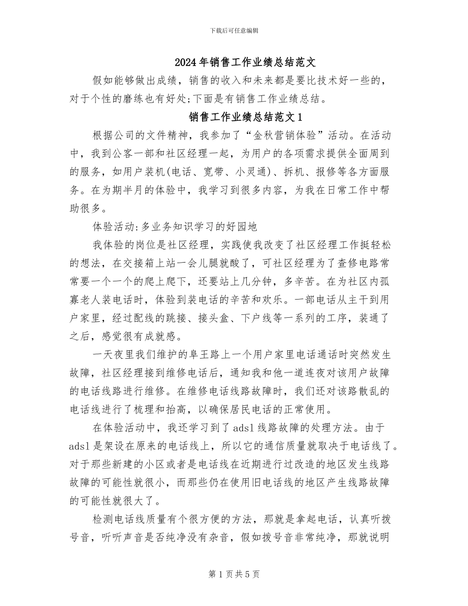 2024年销售工作业绩总结范文_第1页