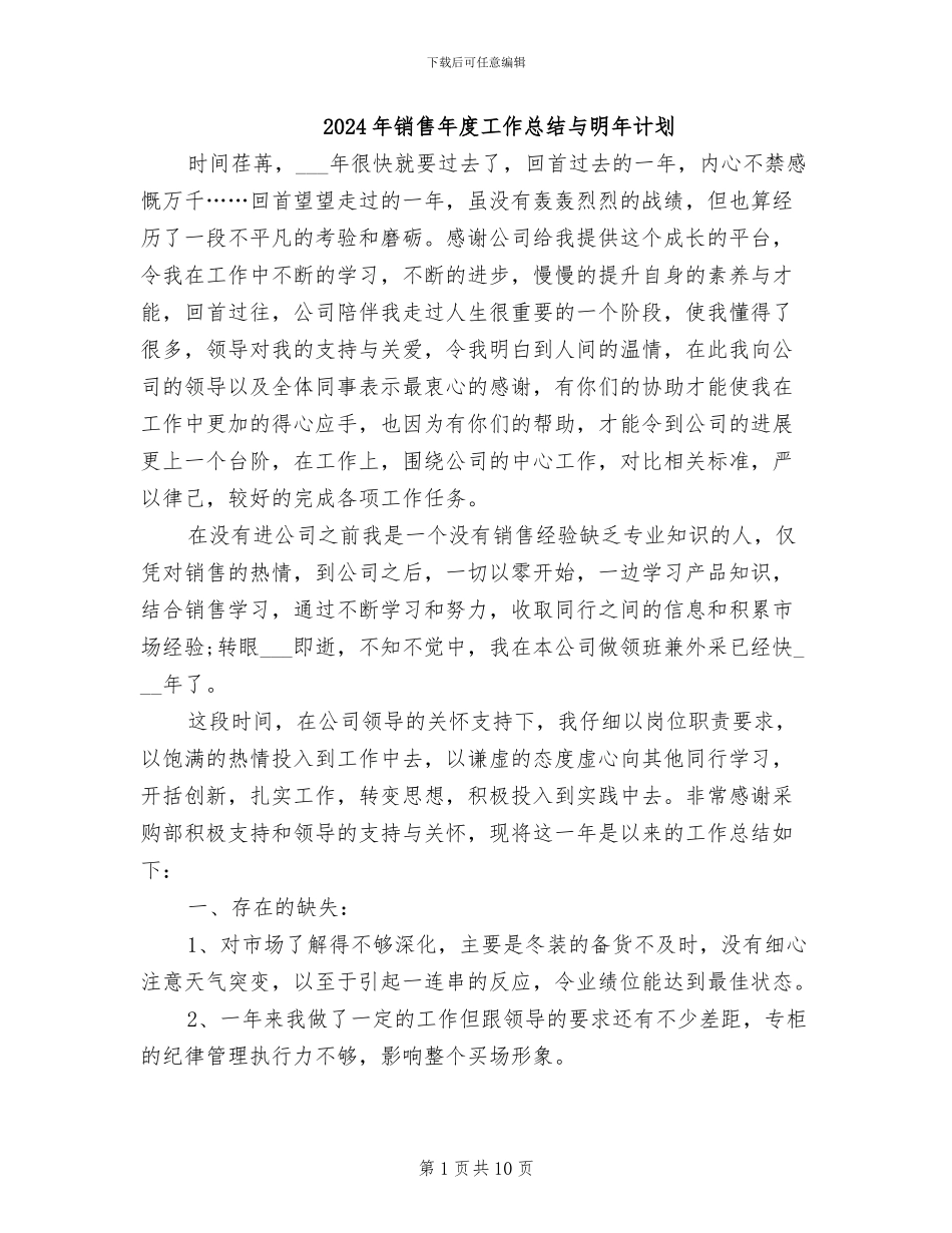 2024年销售年度工作总结与明年计划_第1页