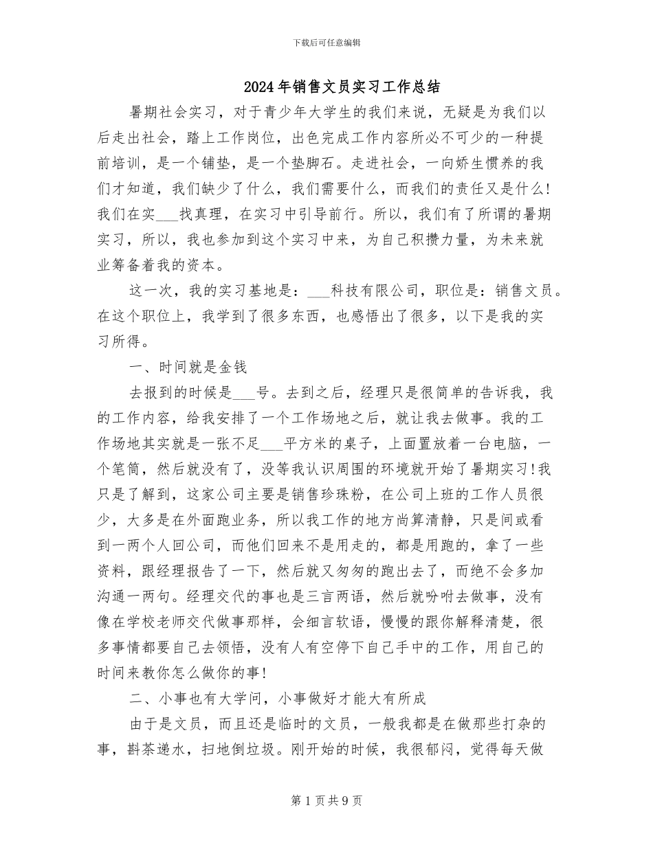 2024年销售文员实习工作总结_第1页