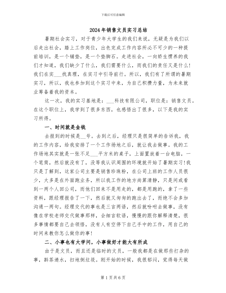 2024年销售文员实习总结_第1页