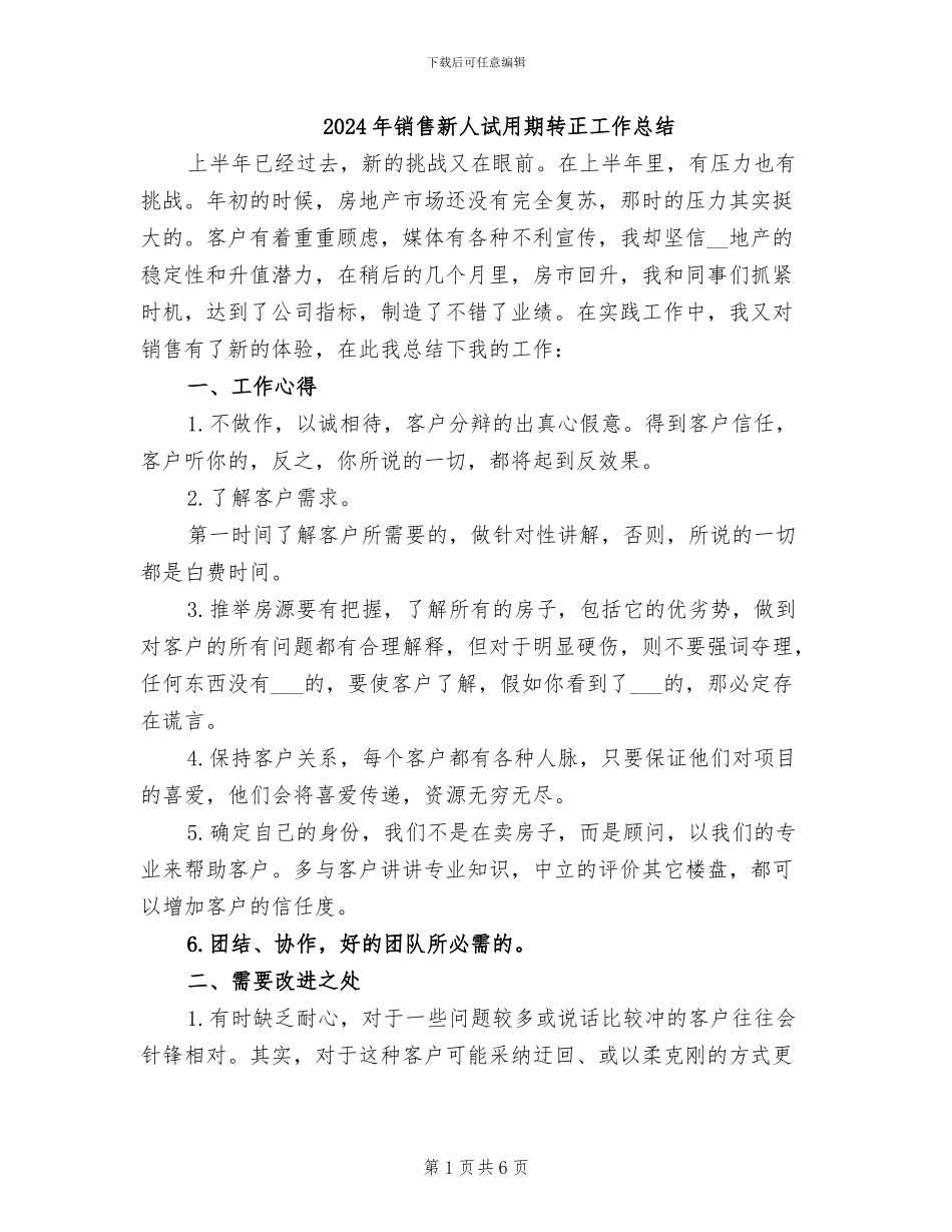 2024年销售新人试用期转正工作总结_第1页