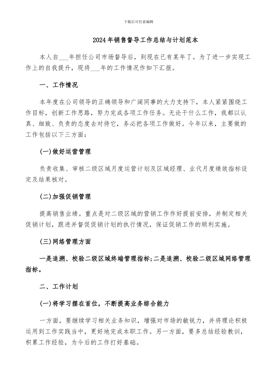 2024年销售督导工作总结与计划范本_第1页