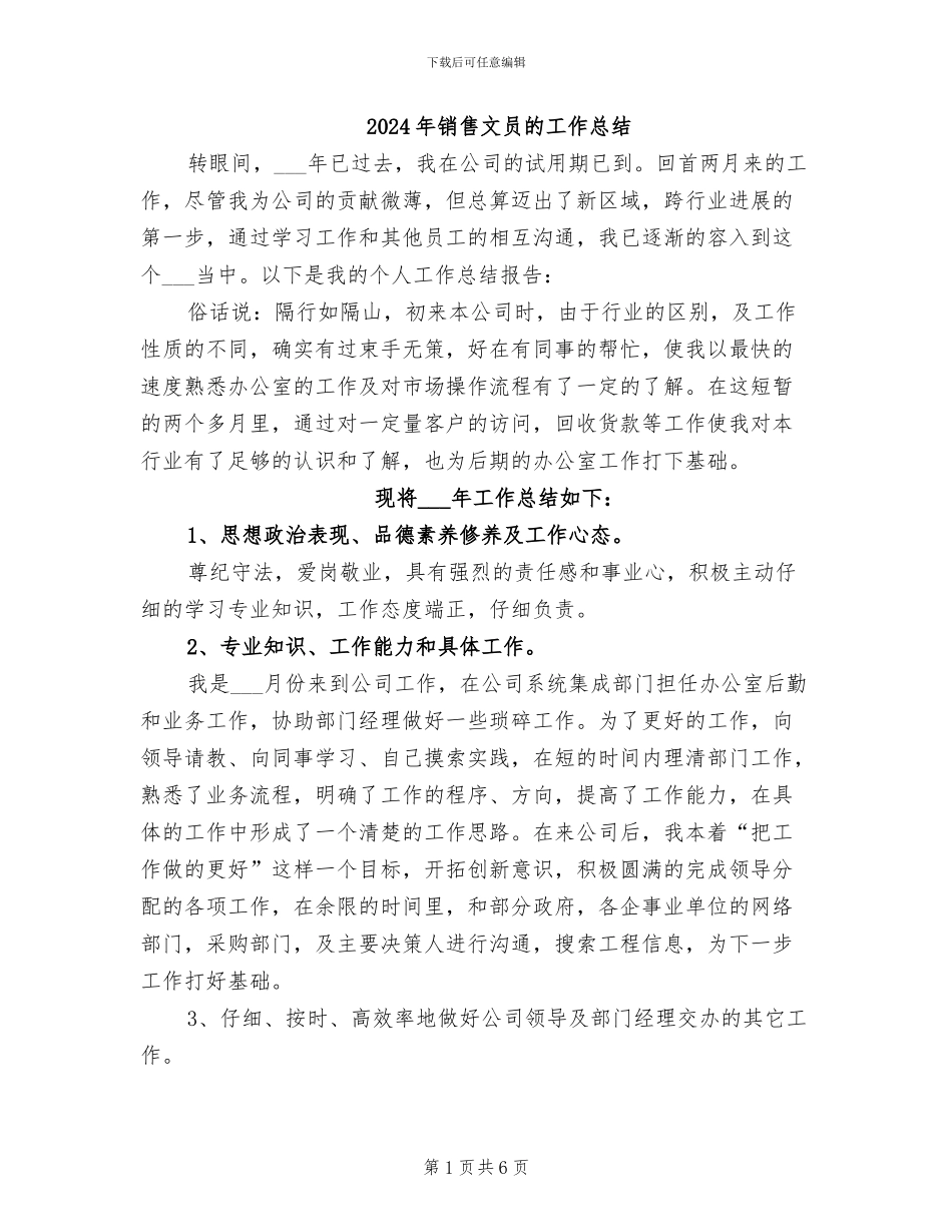 2024年销售文员的工作总结_第1页