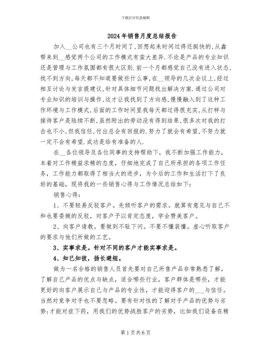 2024年销售月度总结报告_第1页