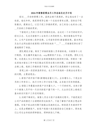2024年销售经理当月工作总结及次月计划