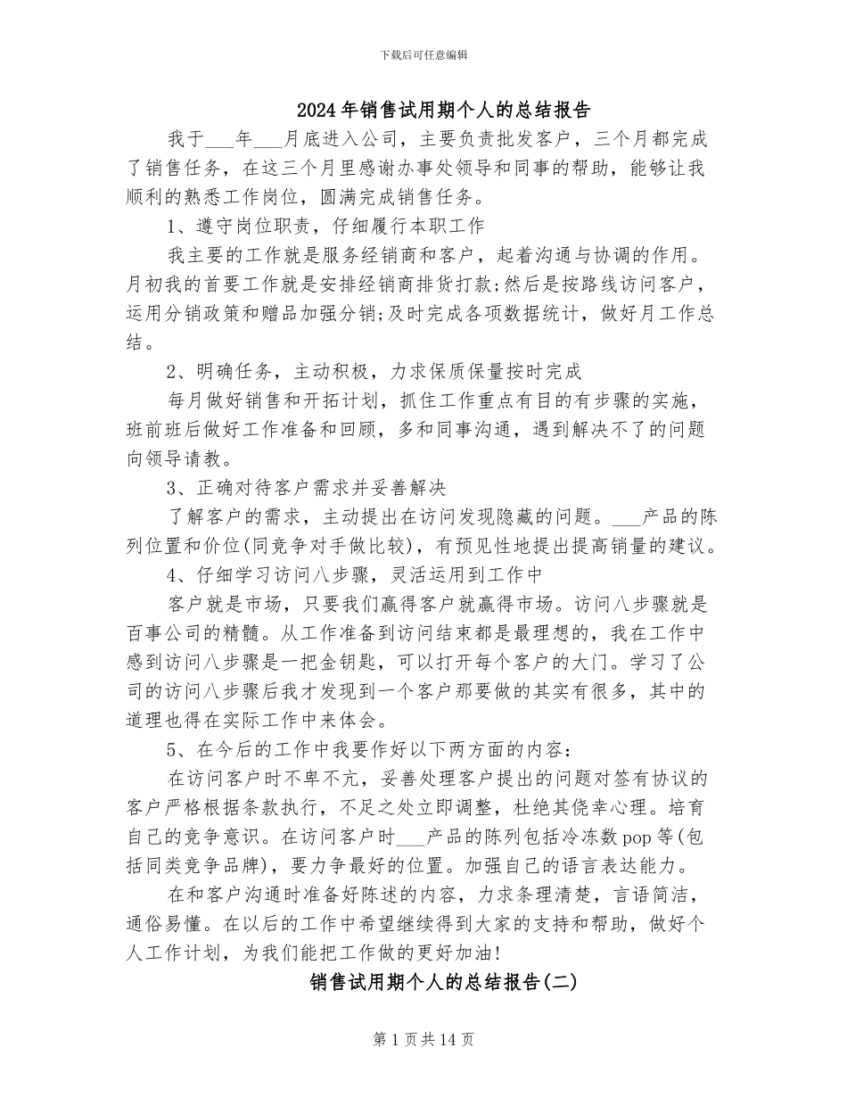 2024年销售试用期个人的总结报告_第1页