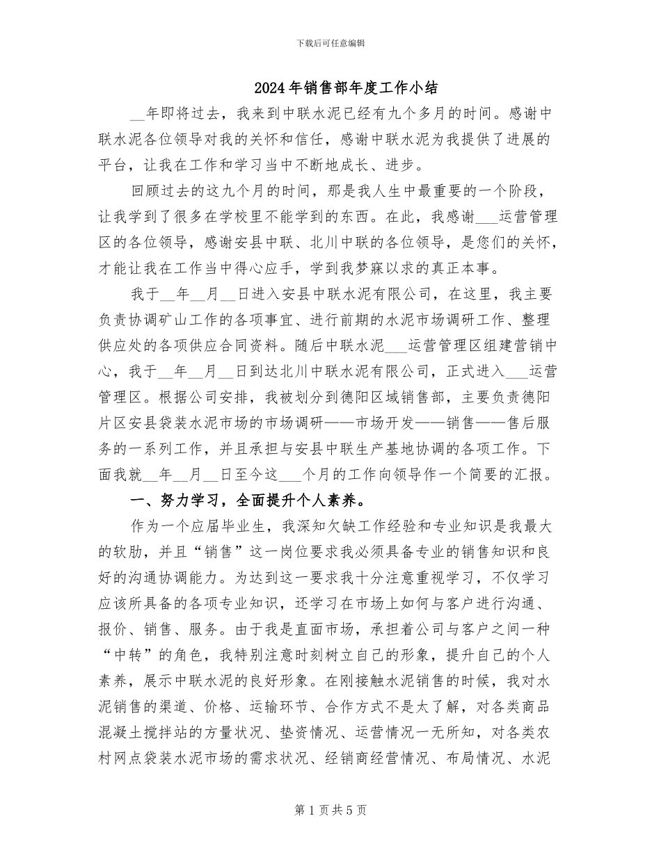 2024年销售部年度工作小结_第1页