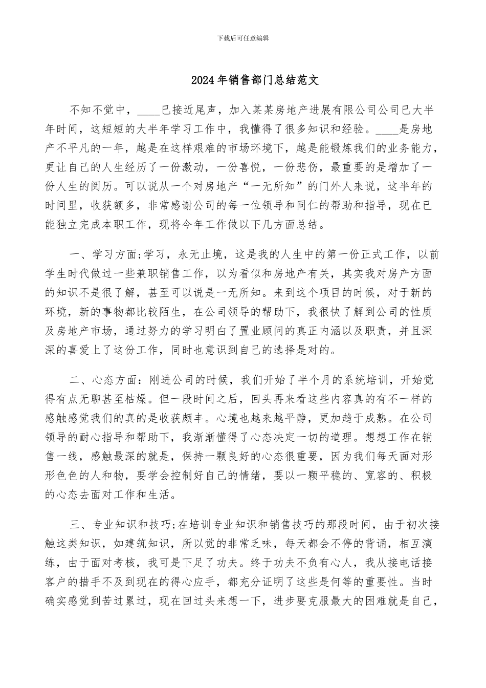 2024年销售部门总结范文_第1页