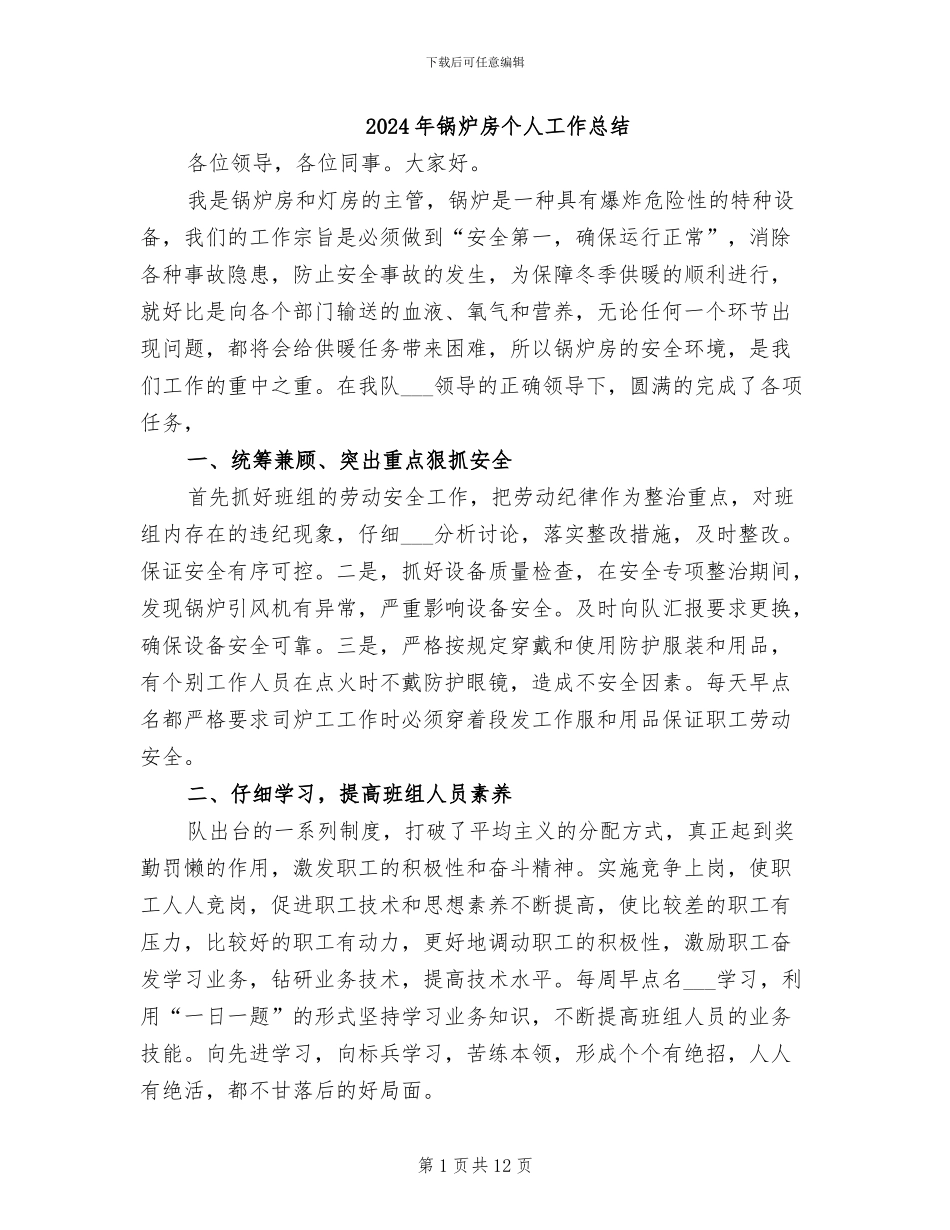 2024年锅炉房个人工作总结_第1页