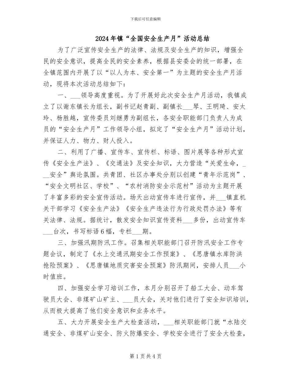 2024年镇“全国安全生产月”活动总结_第1页