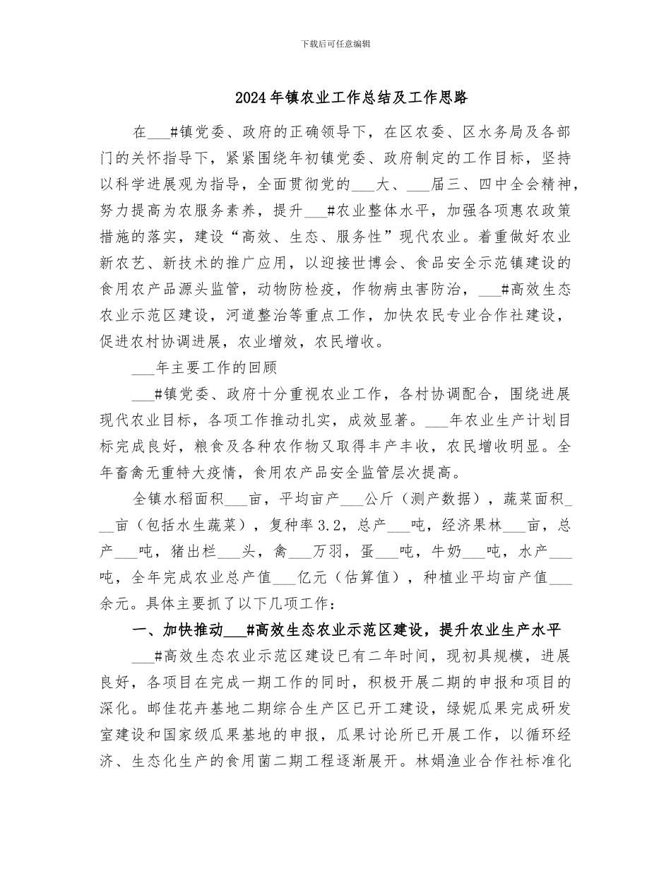 2024年镇农业工作总结及工作思路_第1页