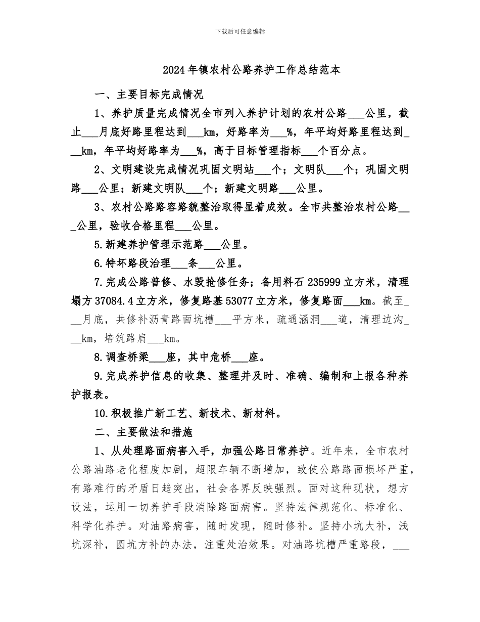 2024年镇农村公路养护工作总结范本_第1页