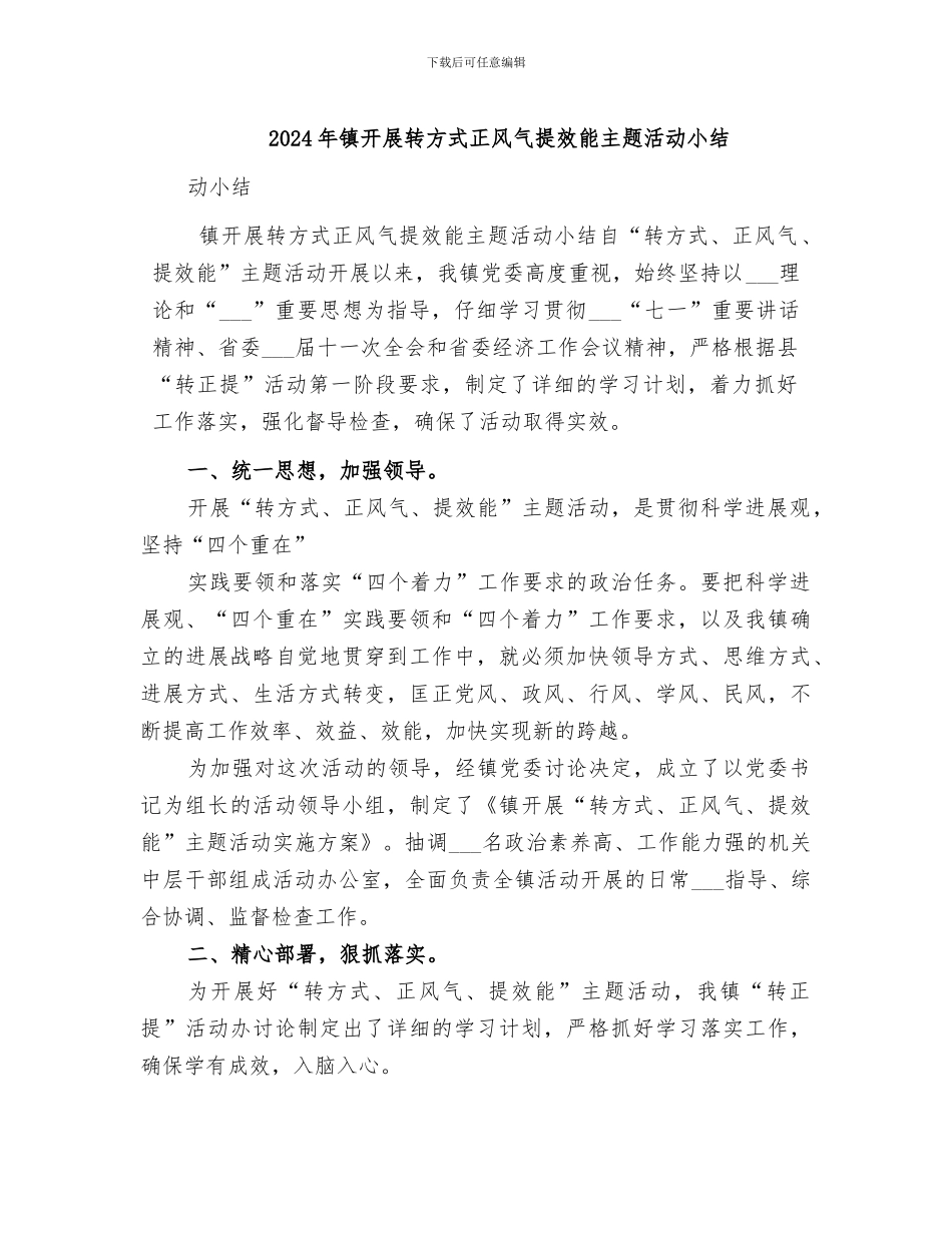 2024年镇开展转方式正风气提效能主题活动小结_第1页