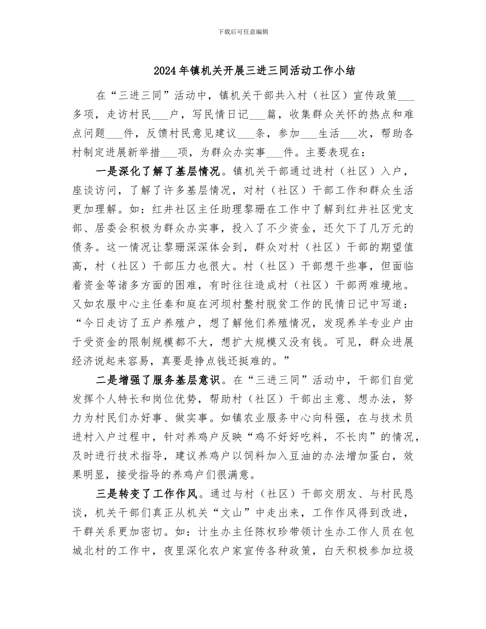 2024年镇机关开展三进三同活动工作小结_第1页
