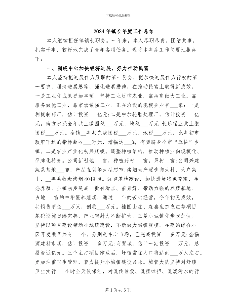2024年镇长年度工作总结_第1页