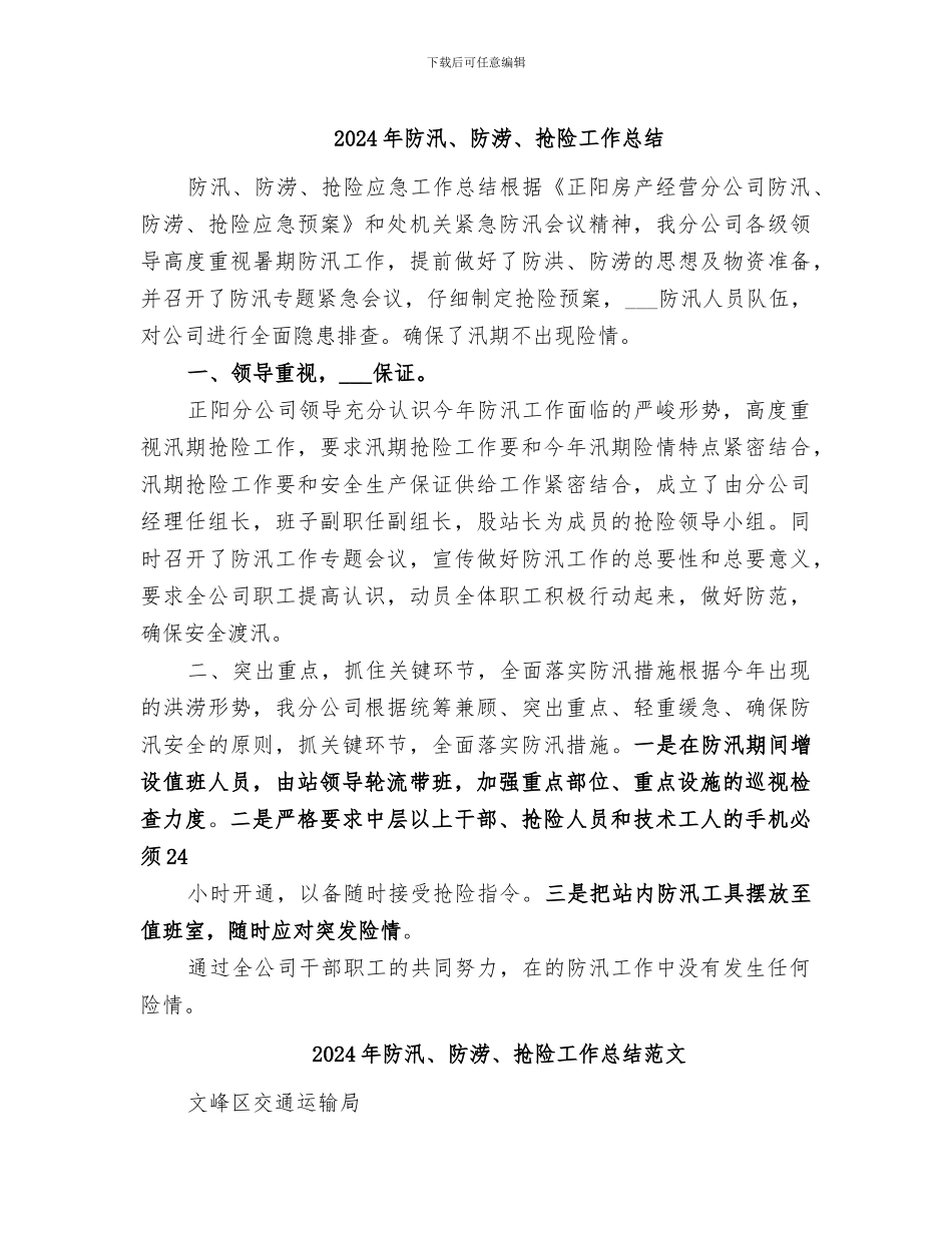 2024年防汛、防涝、抢险工作总结_第1页