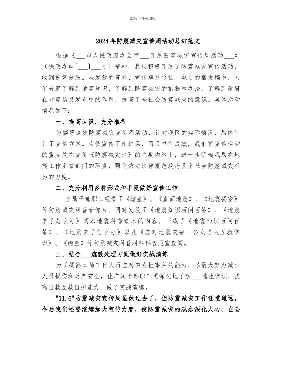 2024年防震减灾宣传周活动总结范文_第1页
