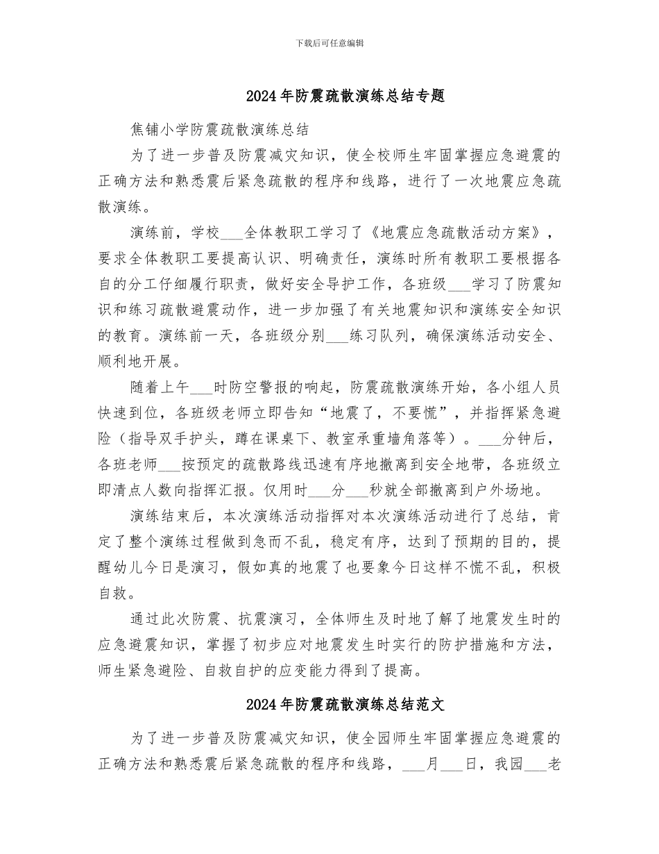 2024年防震疏散演练总结专题_第1页