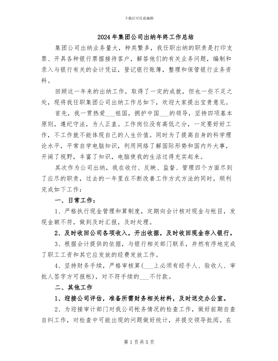 2024年集团公司出纳年终工作总结_第1页