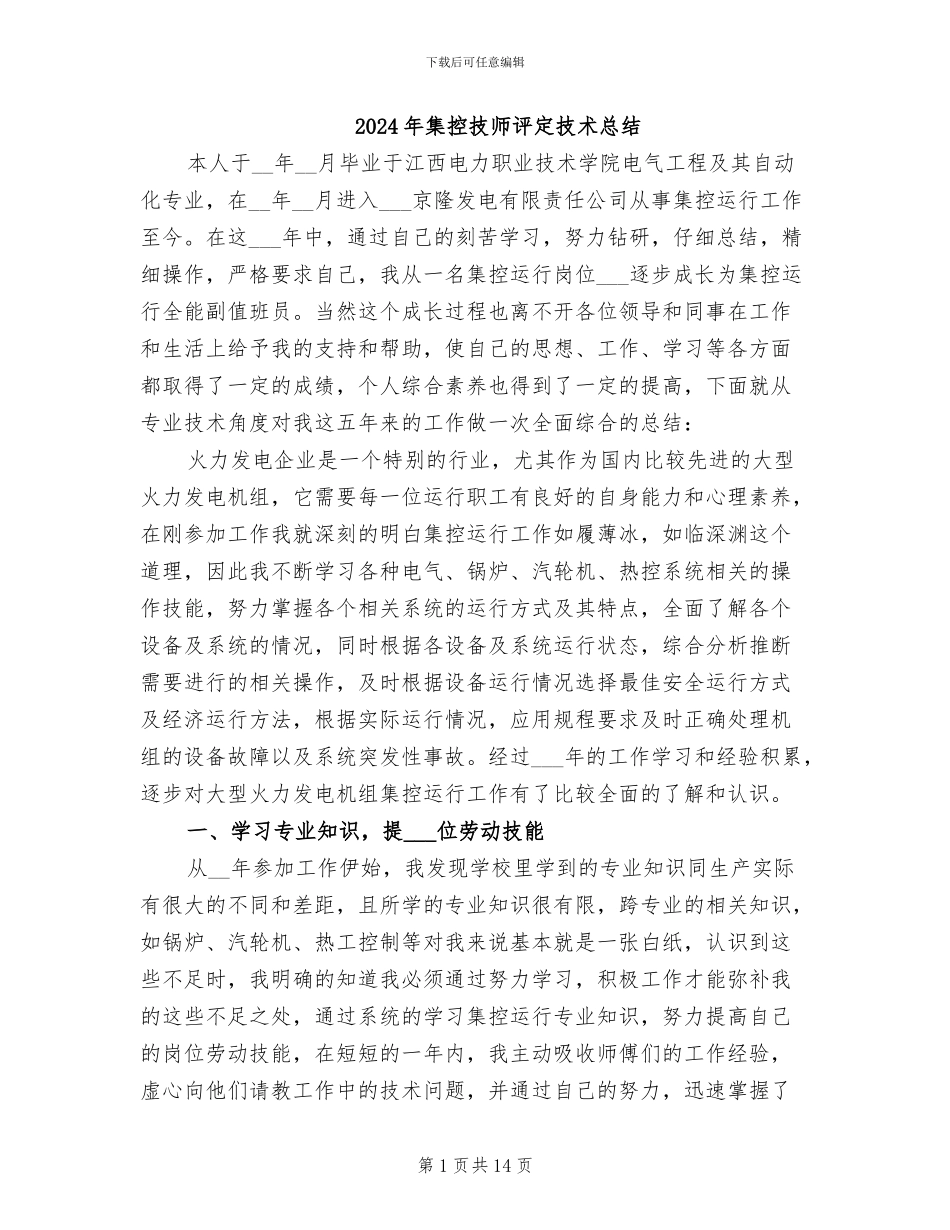2024年集控技师评定技术总结_第1页