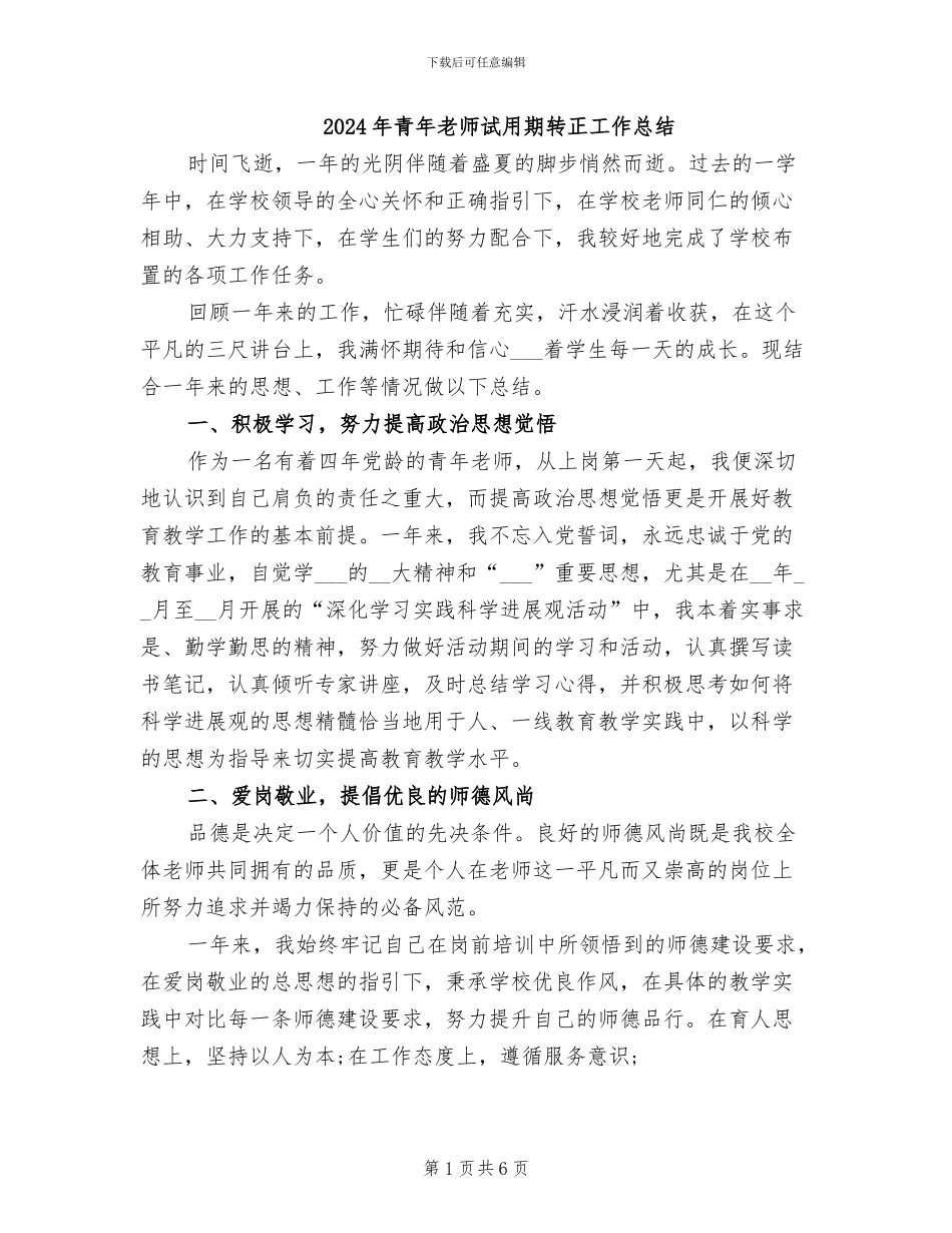 2024年青年教师试用期转正工作总结_第1页