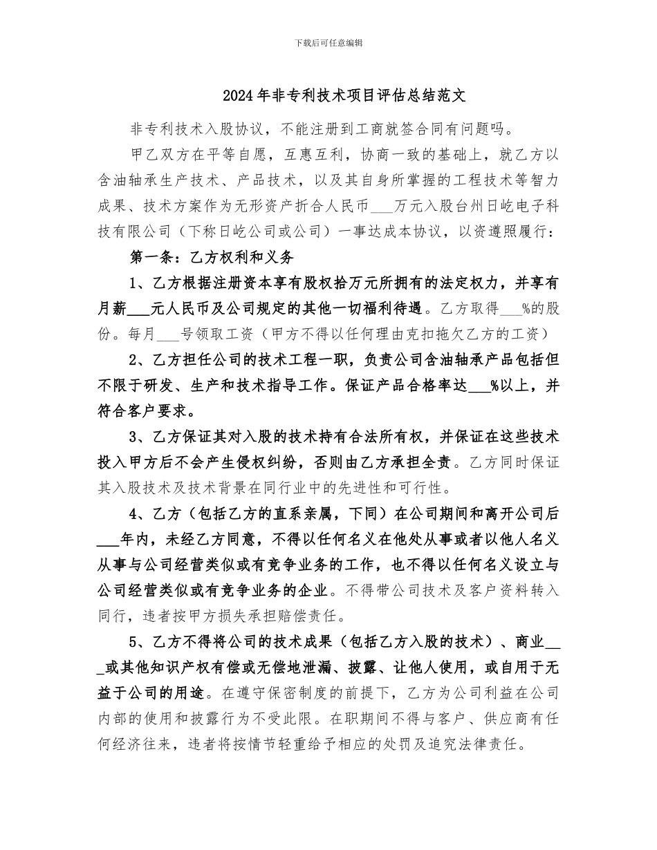2024年非专利技术项目评估总结范文_第1页