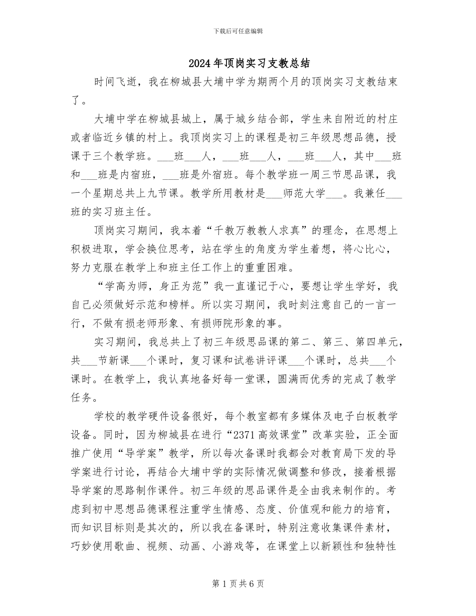 2024年顶岗实习支教总结_第1页