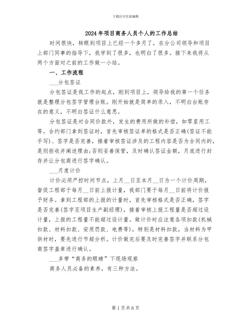 2024年项目商务人员个人的工作总结_第1页