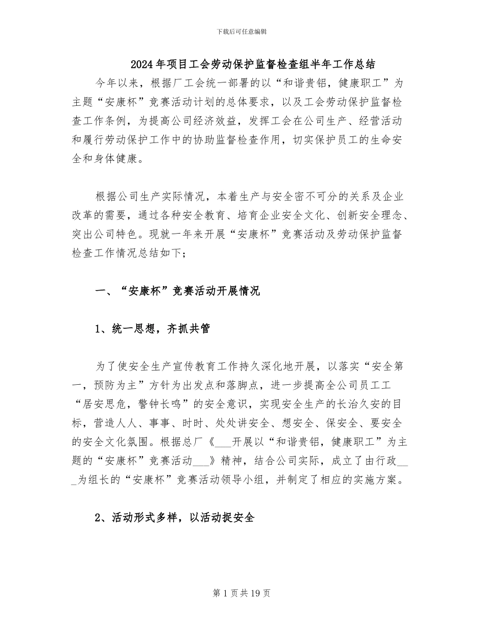 2024年项目工会劳动保护监督检查组半年工作总结_第1页