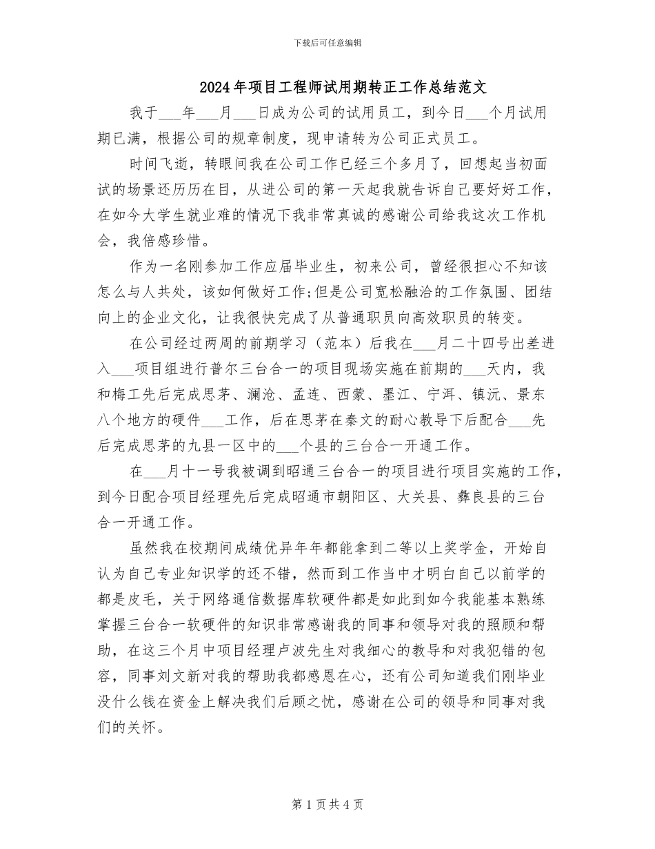 2024年项目工程师试用期转正工作总结范文_第1页