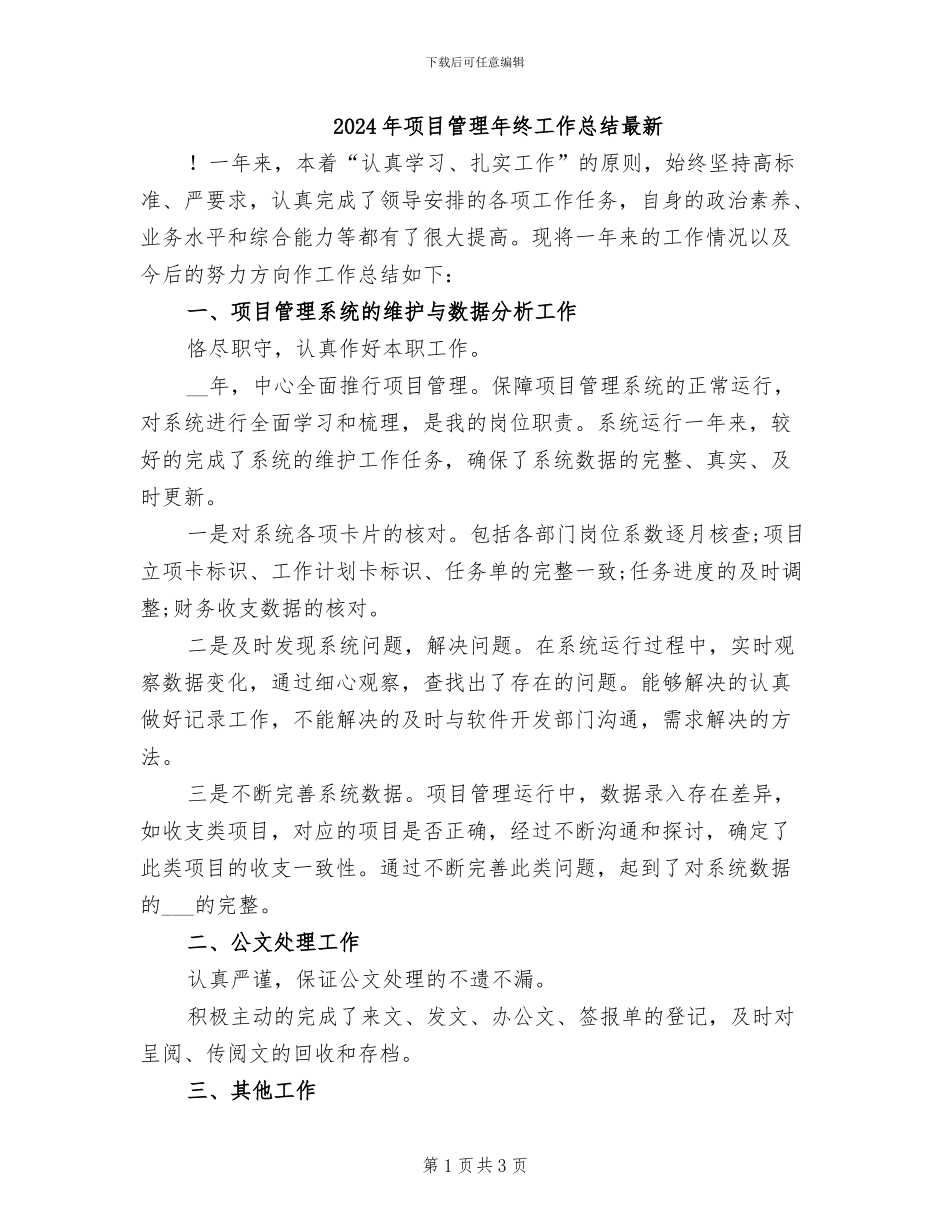 2024年项目管理年终工作总结最新_第1页
