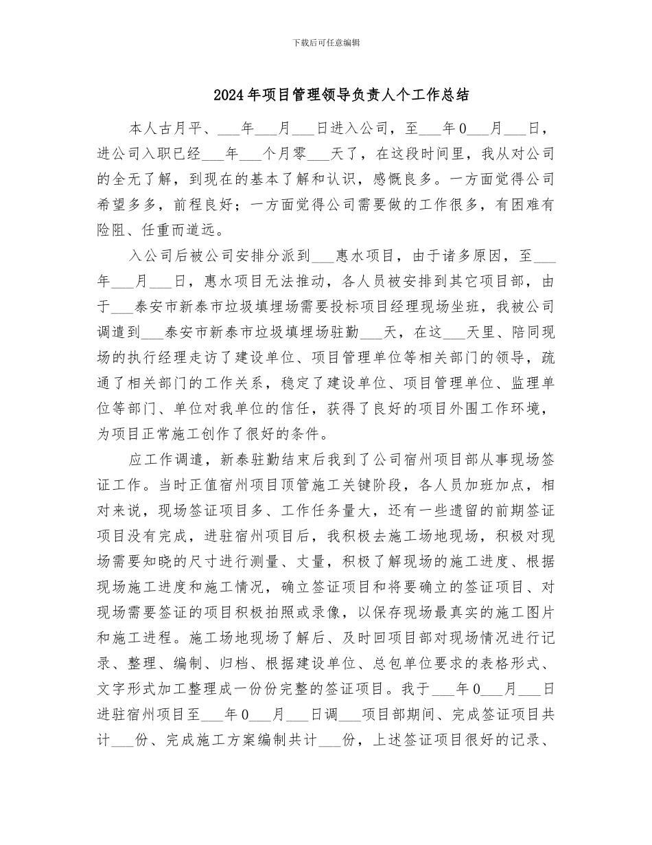 2024年项目管理领导负责人个工作总结_第1页
