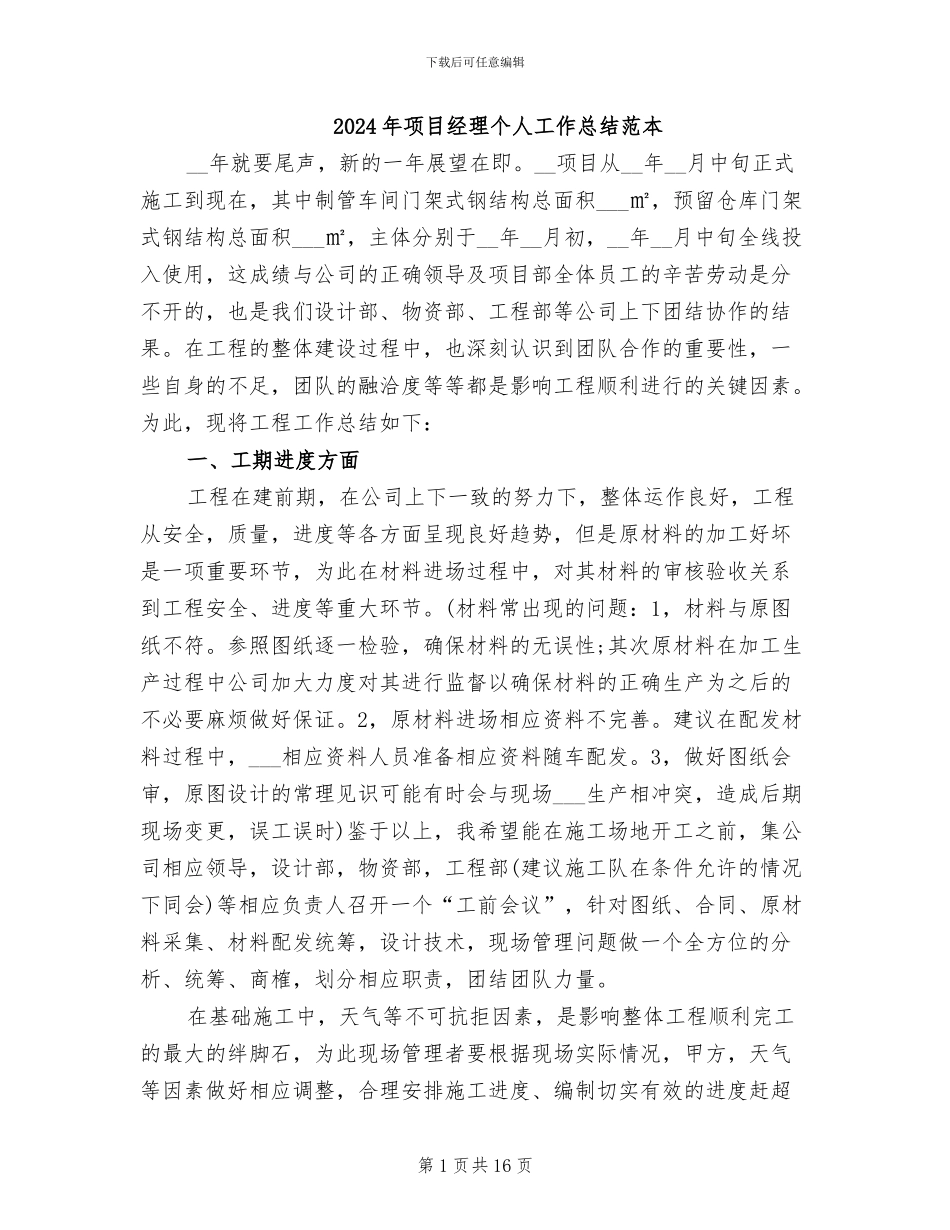 2024年项目经理个人工作总结范本_第1页