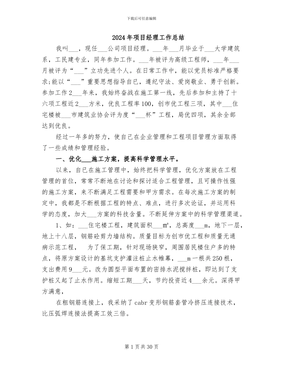 2024年项目经理工作总结_第1页