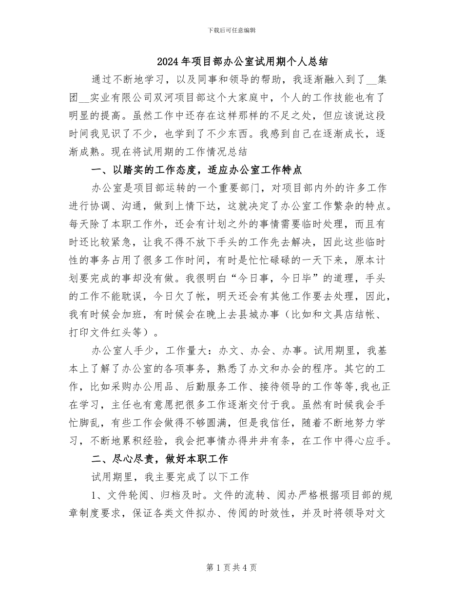 2024年项目部办公室试用期个人总结_第1页