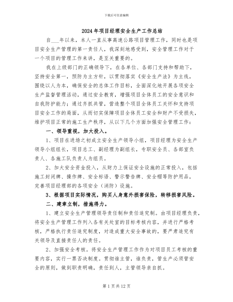 2024年项目经理安全生产工作总结_第1页
