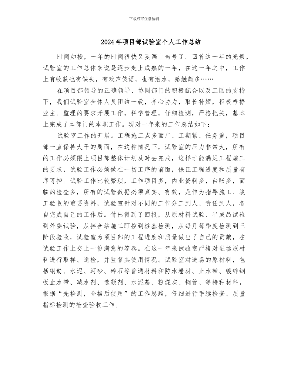 2024年项目部试验室个人工作总结_第1页