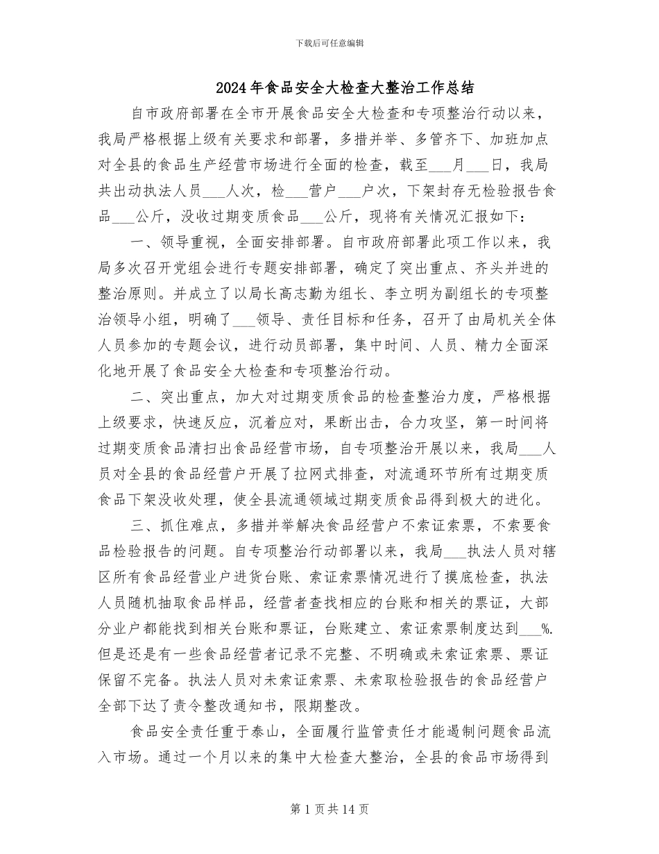 2024年食品安全大检查大整治工作总结_第1页