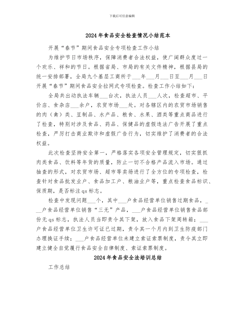 2024年食品安全检查情况小结范本_第1页